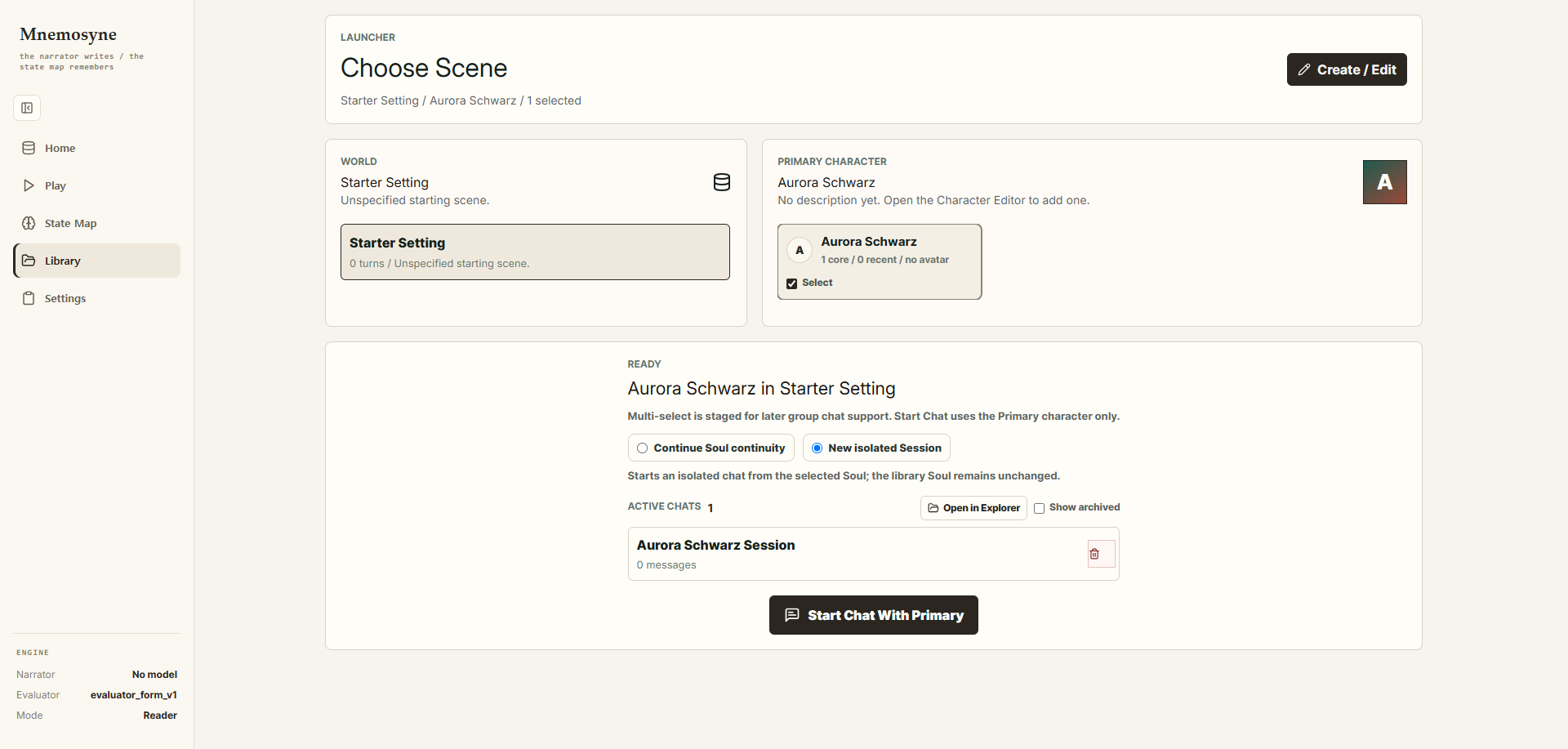 Mnemosyne library launcher showing scene selection, primary character selection, and session start controls.