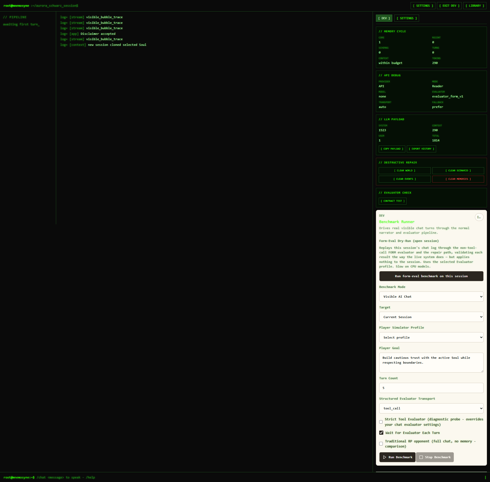Mnemosyne terminal developer UI showing pipeline logs, memory cycle, API debug, LLM payload counts, repair controls, and benchmark runner.