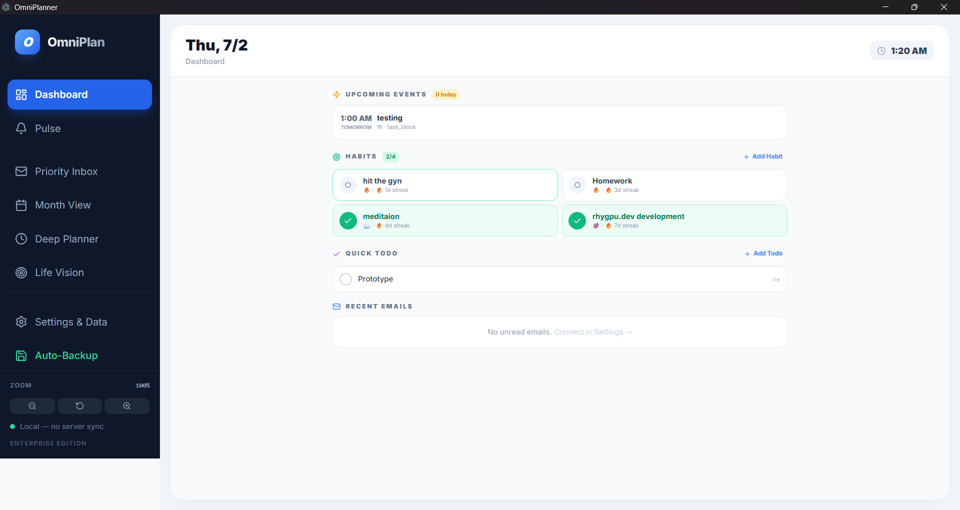 OmniPlanner dashboard showing upcoming events, habits, quick todos, recent email state, and local sync status.