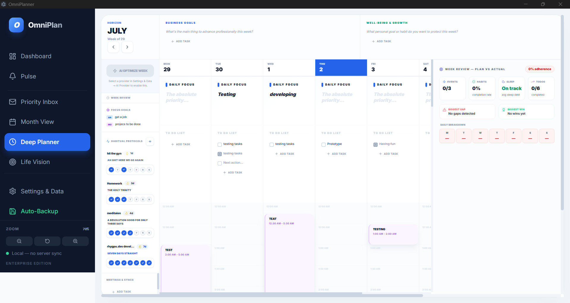 OmniPlanner Deep Planner weekly view with business goals, well-being goals, focus goals, habits, time blocks, and week review.