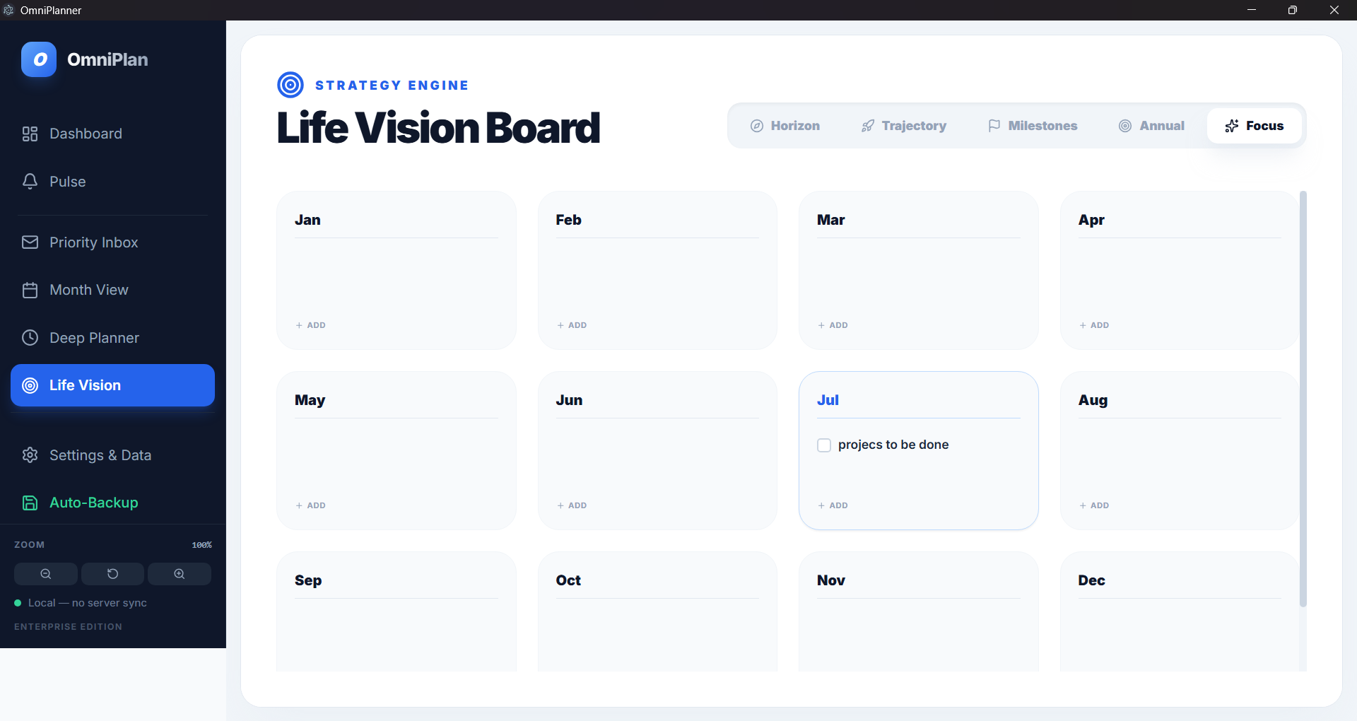 OmniPlanner Life Vision Board showing monthly focus cards and a selected July goal.