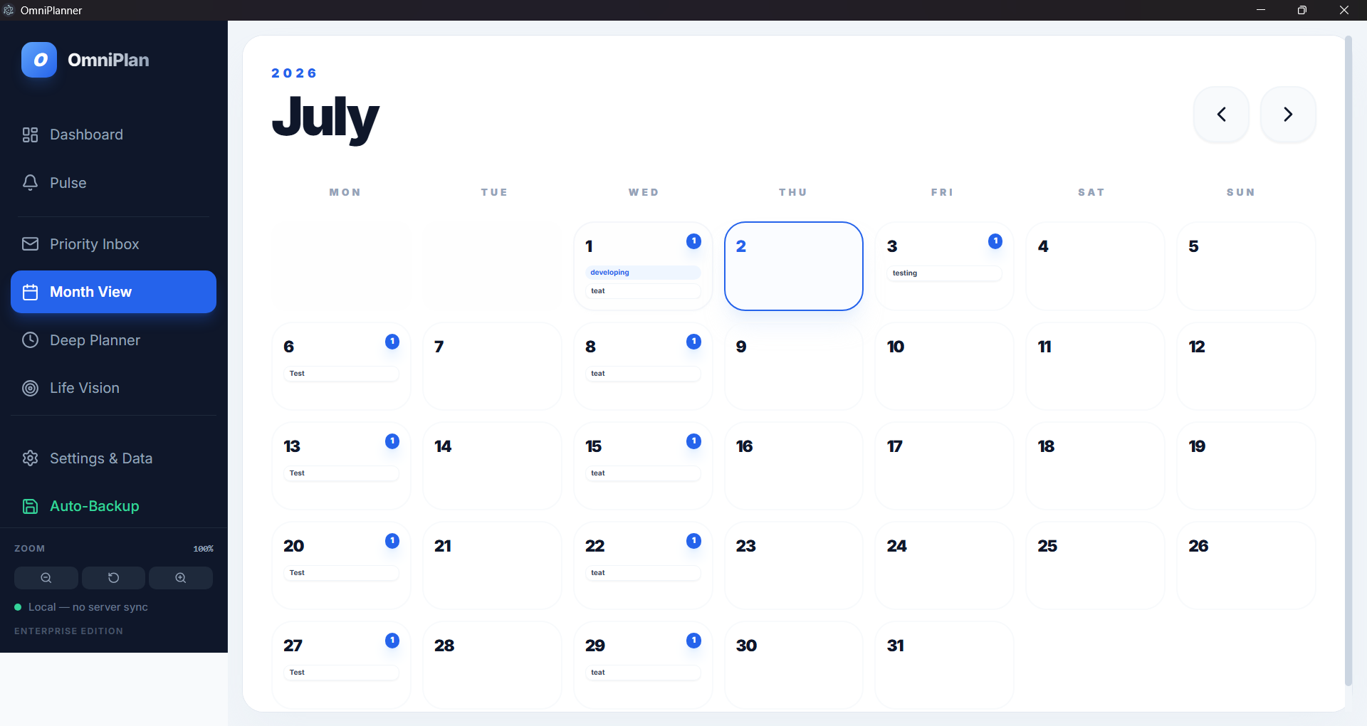 OmniPlanner monthly calendar view for July 2026 with tasks distributed across days.