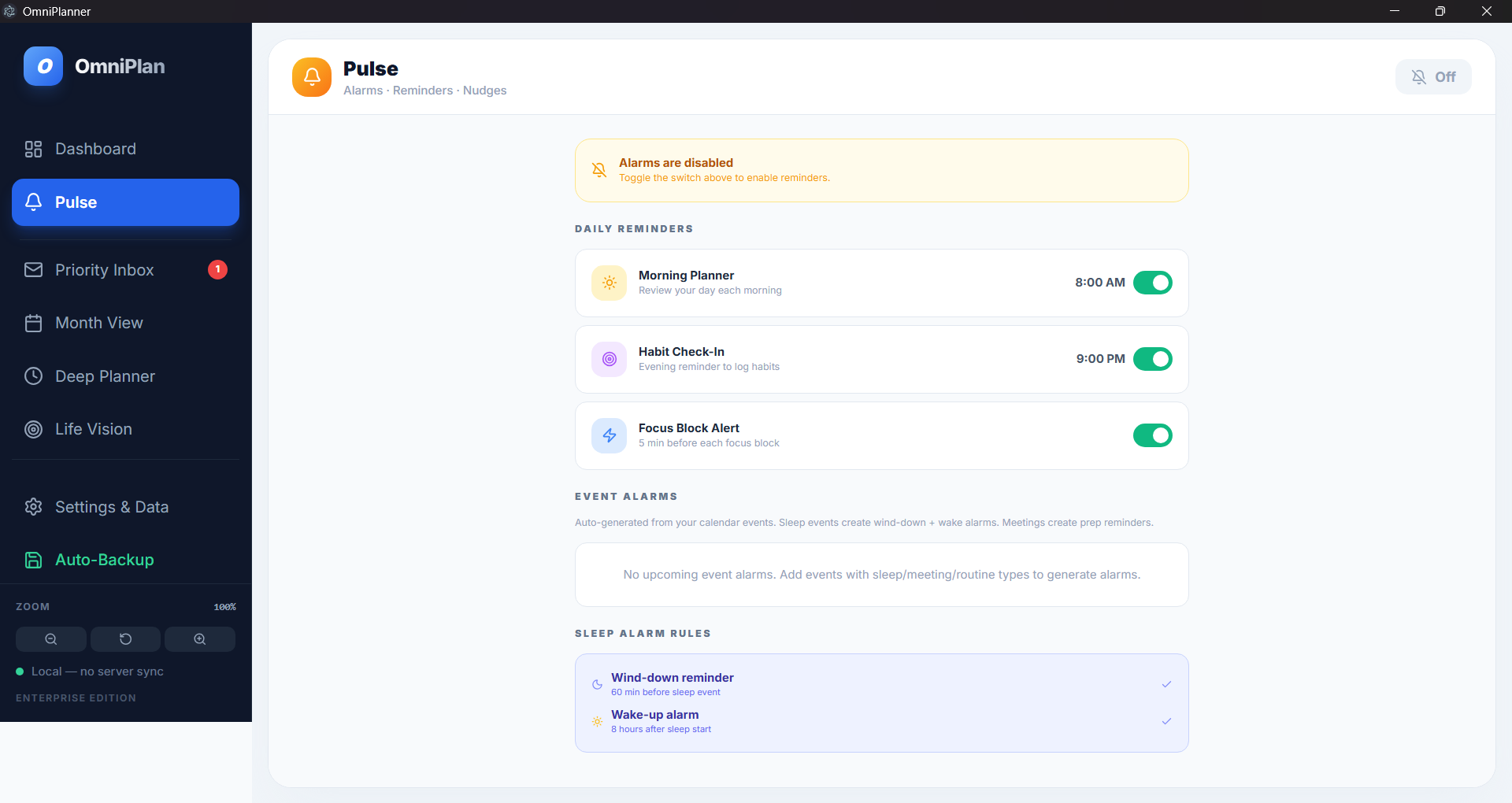OmniPlanner Pulse view showing daily reminders, event alarms, sleep alarm rules, and reminder toggles.