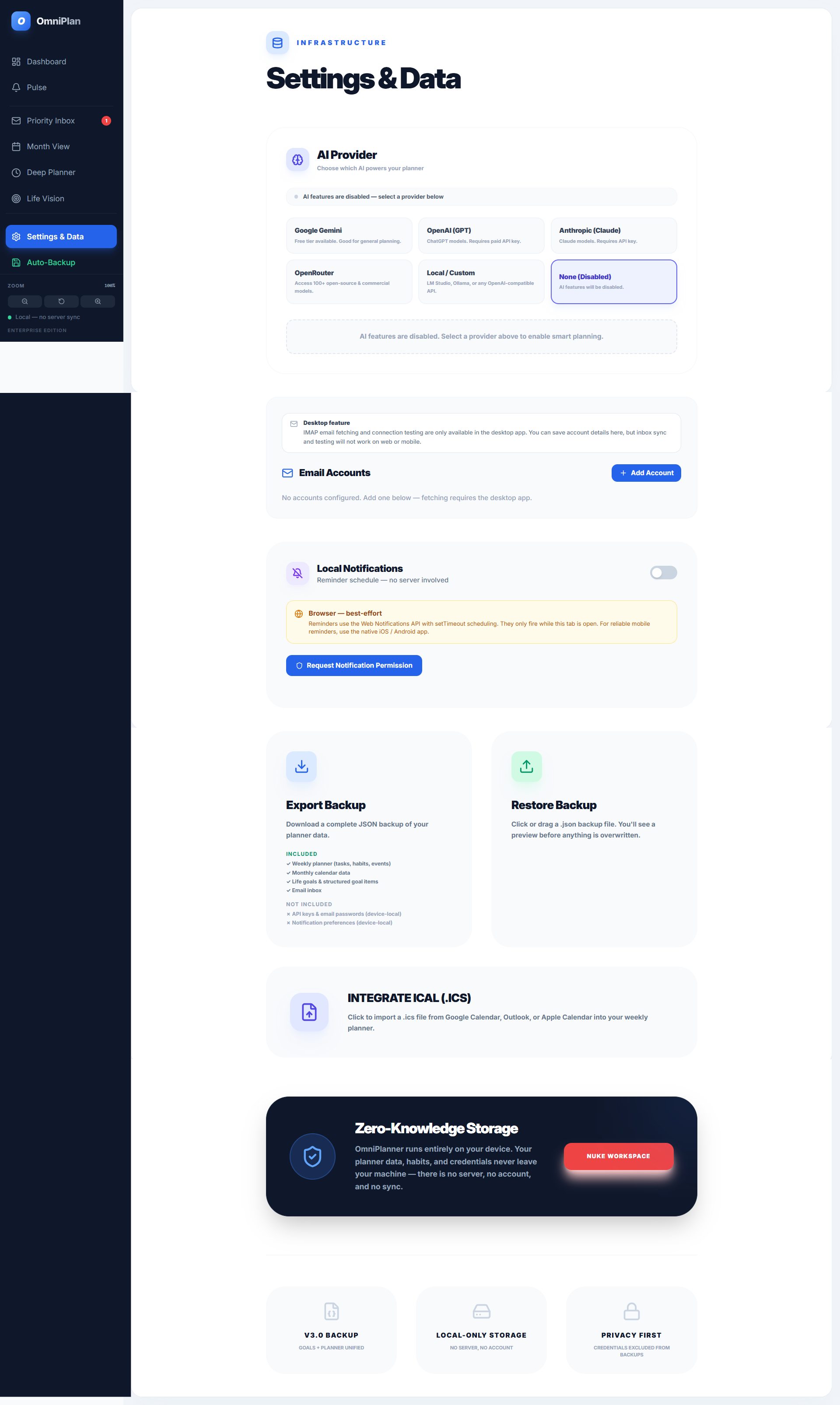OmniPlanner Settings and Data page showing AI provider selection, email accounts, local notifications, backup export, restore, calendar import, and zero-knowledge storage.