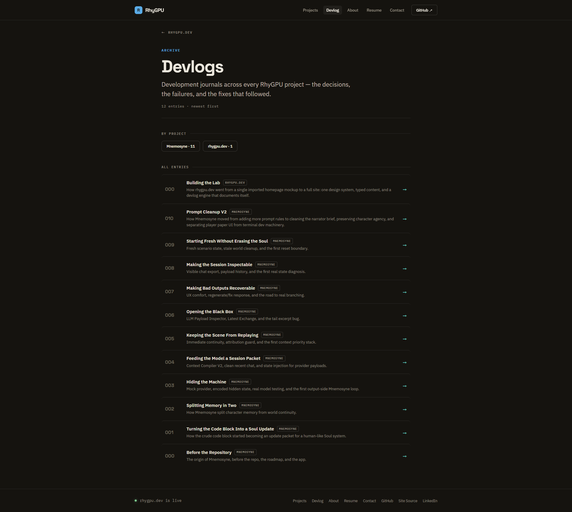 rhygpu.dev devlog archive showing project filters and chronological development journal entries.