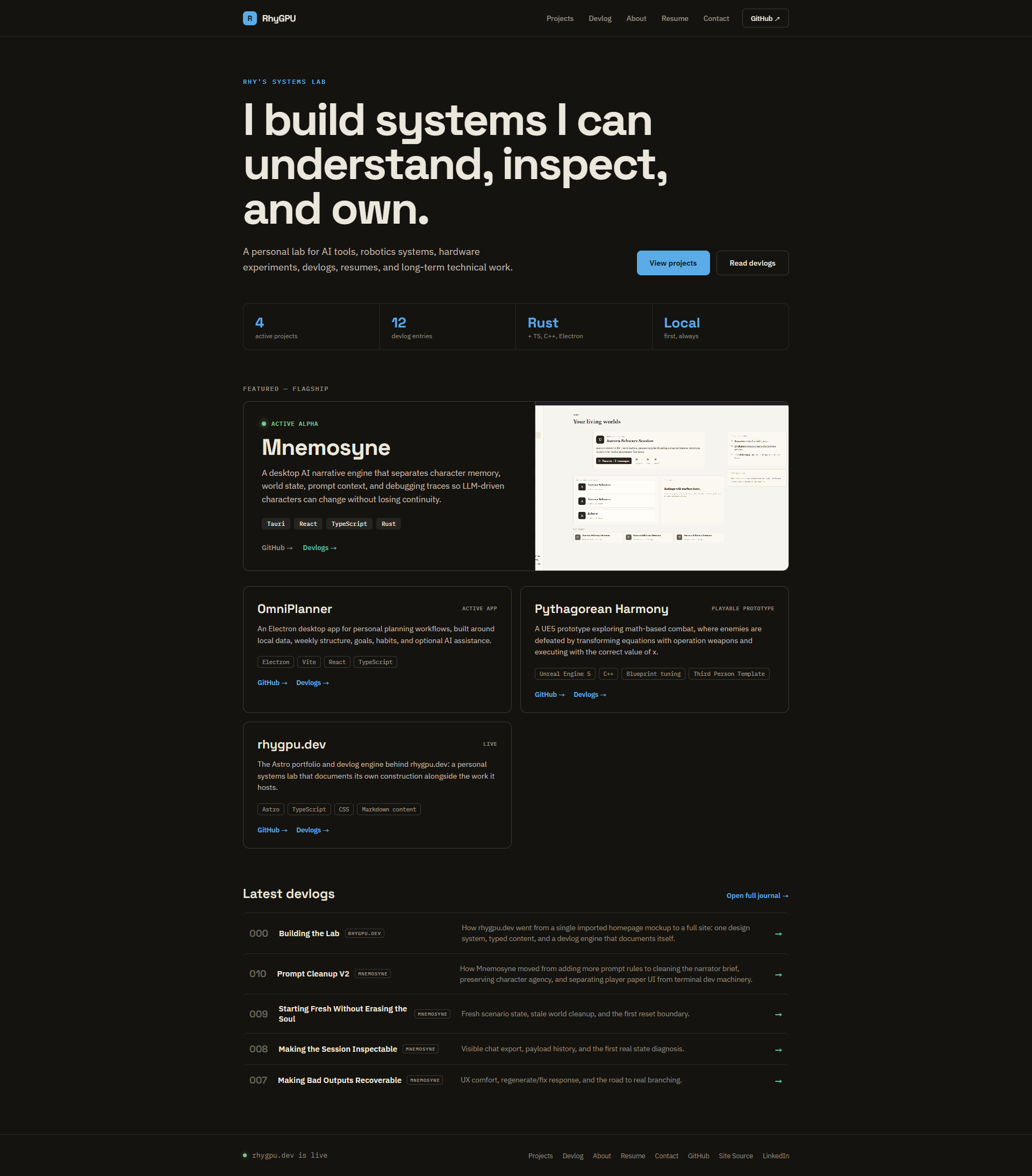 rhygpu.dev homepage showing the portfolio hero, featured projects, latest devlogs, and shared navigation.